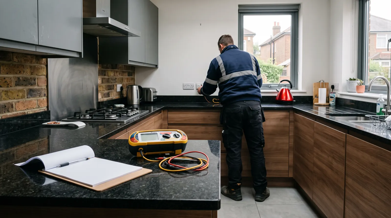 Electrician carrying out inspection and testing in a kitchen
